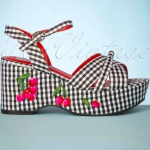 LuluHun Twinnie Gingham Cherry Wedge Shoes